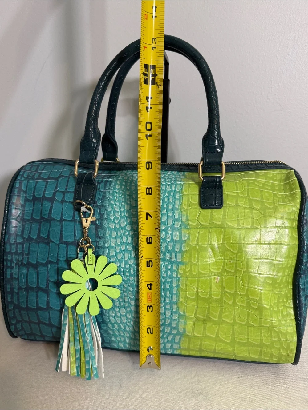 Teal Lime Ombre Croc Embossed Satchel Crossbody Bag Faux Leather